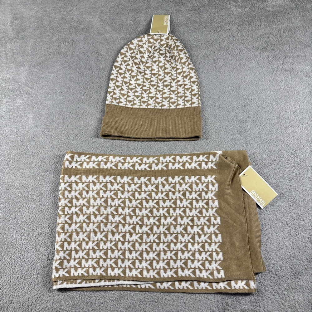 New Michael Kors MK Logo Knit Beanie Hat & Scarf Beige & White One Size